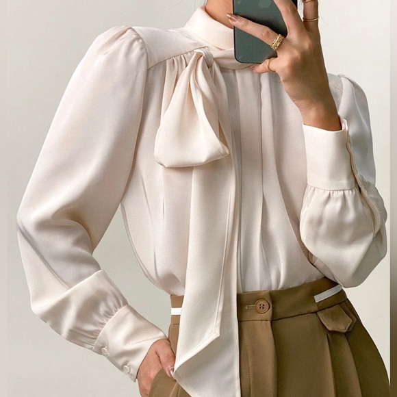 Tops - Floral Satin High Neck Long Sleeve Blouse With Neck Tie
